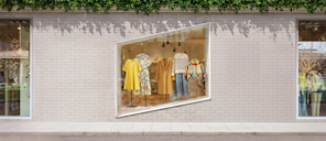 Exterior view of a clothing boutique with a large window display showcasing garments, where the window frame forms Stripe's parallelogram logo.